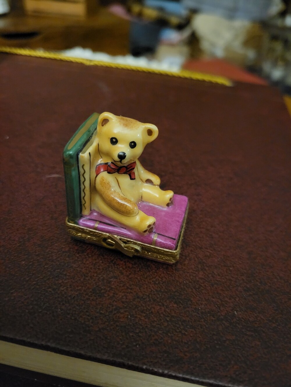 Porcelain Teddy Bear Trinket Box on Velvet Seat - Yellow & Pink Limoges
